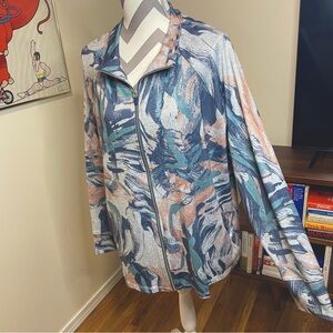 CJ Banks Colorful Blue Grey Abstract Pattern Zip up Jacket w/ Pockets